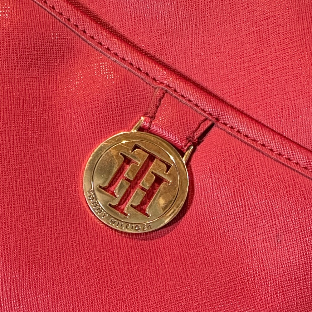 Tommy Hilfiger Red Leather Crossbody Bag Red Canvas Adj Strap - Picture 3 of 13